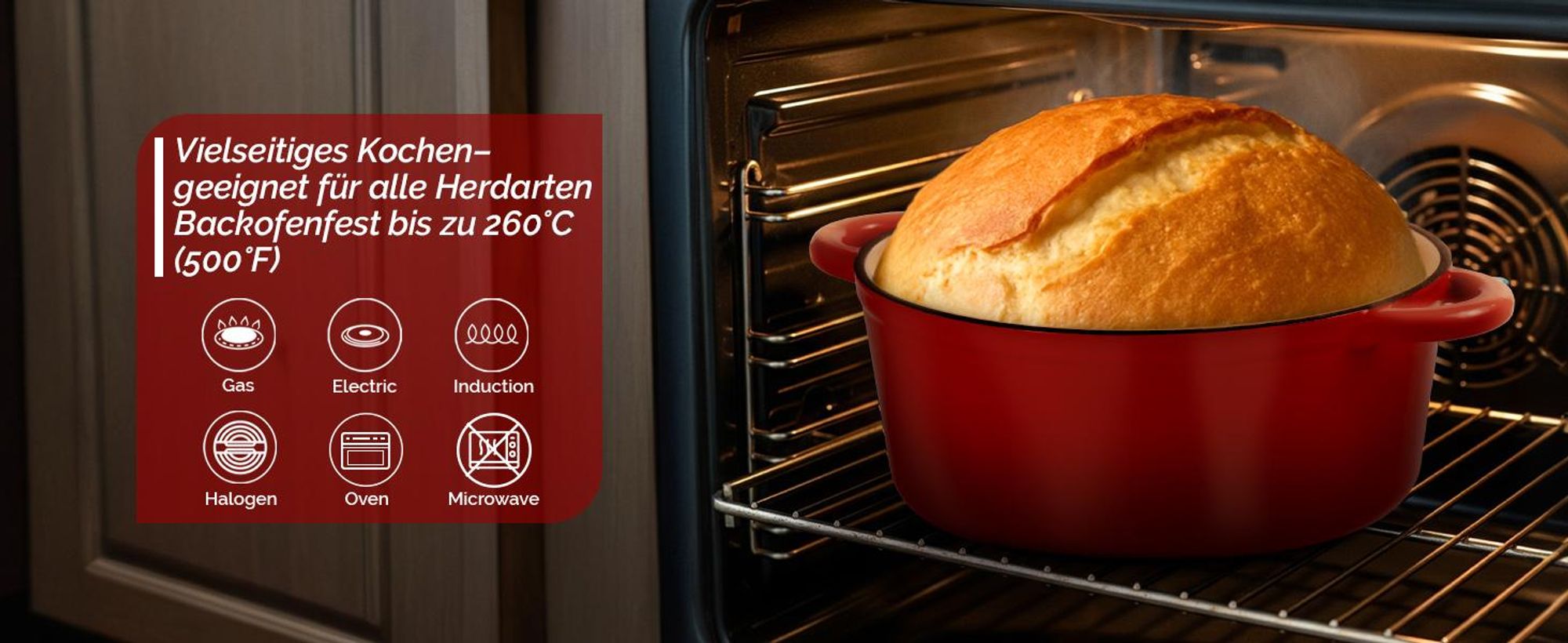 LEADZM Gusseisen Topf 26cm - 5QT-4.6L Emaille Bräter mit Deckel backofengeeignet - für Küche Backen Schmoren Braten (Rot)