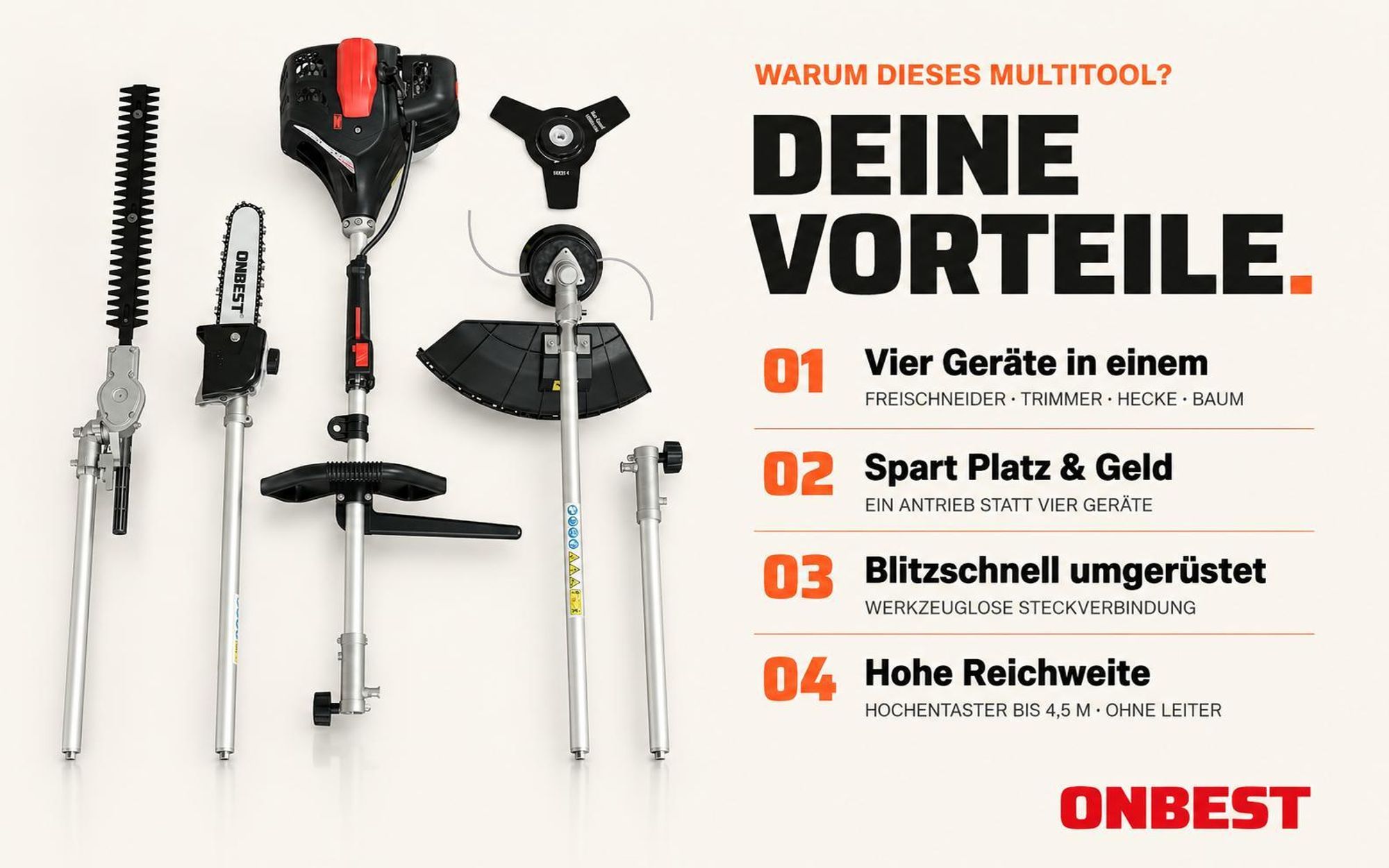 ONBEST MT1452 Multitool Benzin | 4in1 | bis 4,5m | 52cm³ | 1,9 PS | 10000 U/min | Freischneider | Heckenschere | Hochentaster | Rasentrimmer