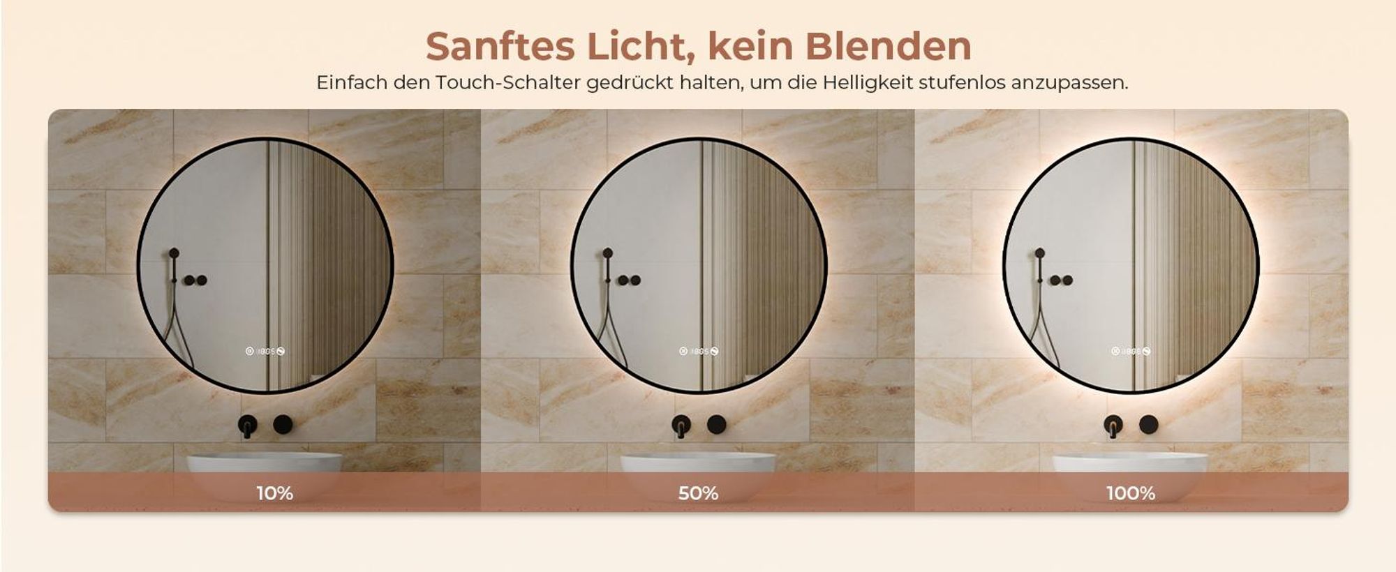 S'AFIELINA Badspiegel mit Beleuchtung Rund 60 cm Diameter,LED Badspiegel mit Touch, Beschlagfrei, Dimmbar, Uhr, Temperatur, Speicherfunktion,Schwarzer