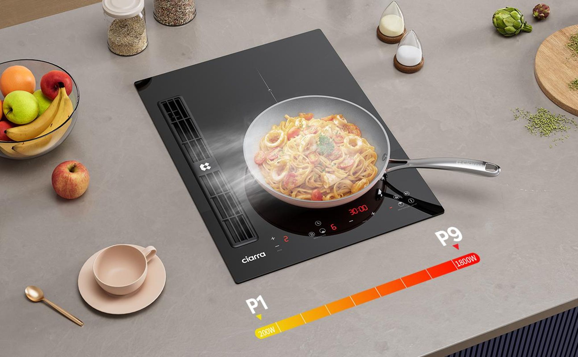 Plaque de cuisson à induction CIARRA avec hotte intégrée, 39 cm, système Plasma⁺, filtre à zéolite, fonction Boost pour une cuisson plus rapide, 2 zones de cuisson, modèle CBBEH392B