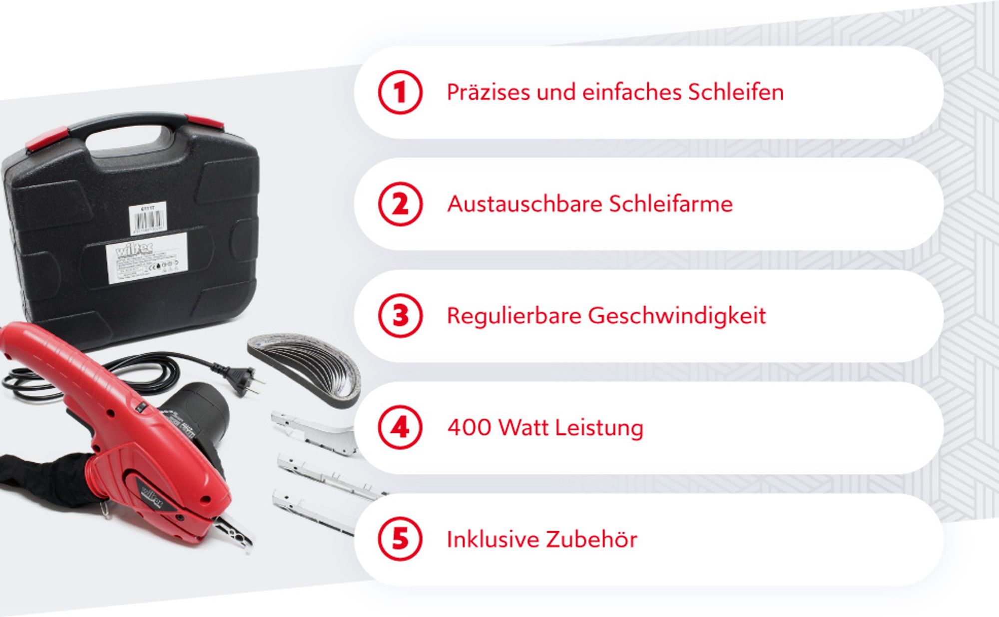 Wiltec Bandschleifer 400 W mit 3 austauschbaren Schleifarmen, Schleifmaschine mit 10 x Schleifband, Elektrofeile für schwer erreichbare Stellen