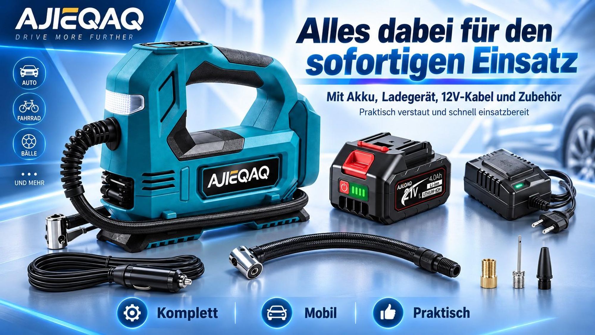 Akku-Luftkompressor 21V 4,0Ah, 150 PSI Reifenfüller mit Auto-Stopp, 12V Kfz-Anschluss, LED, SOS, für Auto, Motorrad & Fahrrad