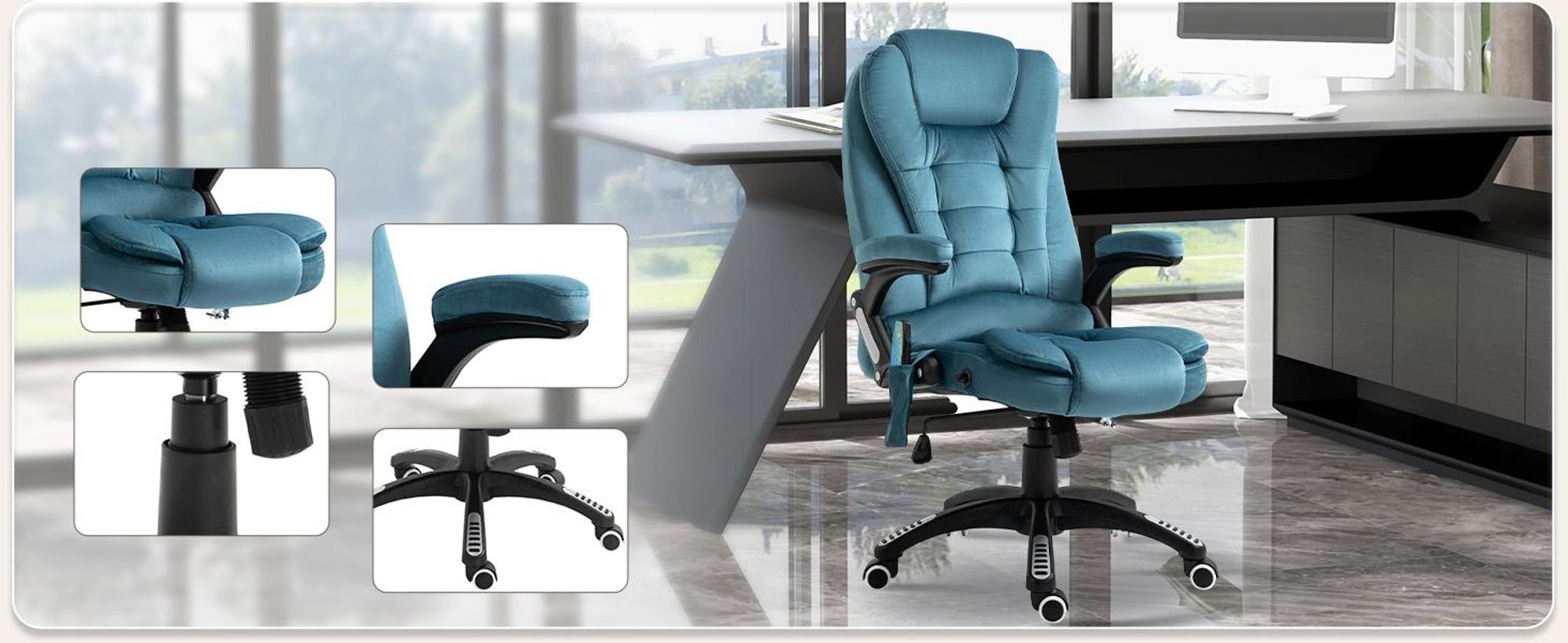 Fotel biurowy Vinsetto z funkcją masażu, ergonomiczny fotel biurowy z ogrzewaniem, funkcją odchylania, funkcją bujania, regulacją wysokości, obrotem o