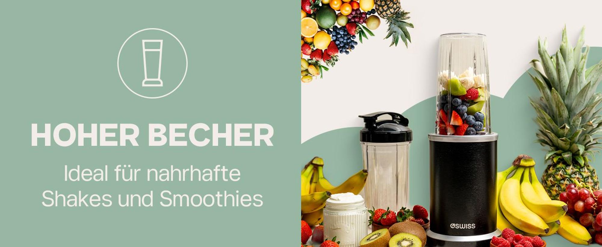 4Swiss NB102 Smart Blender Standmixer – 1000W Hochleistungsmixer, Smoothie Maker Set inkl. Becher & To-Go Deckel, 6-fach Edelstahlklinge, Ice Crusher