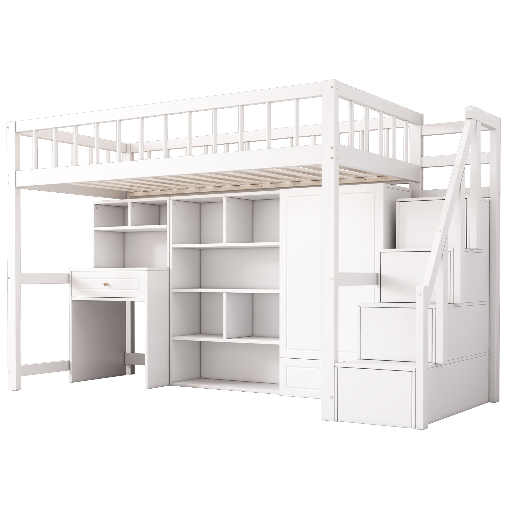 Flieks Etagenbett 90x200cm mit Rausfallschutz, Hochbett mit Treppe, Komplettes Schlafzimmerset, Kinderbett mit Kleiderschrank Schreibtisch Regal, Weiß