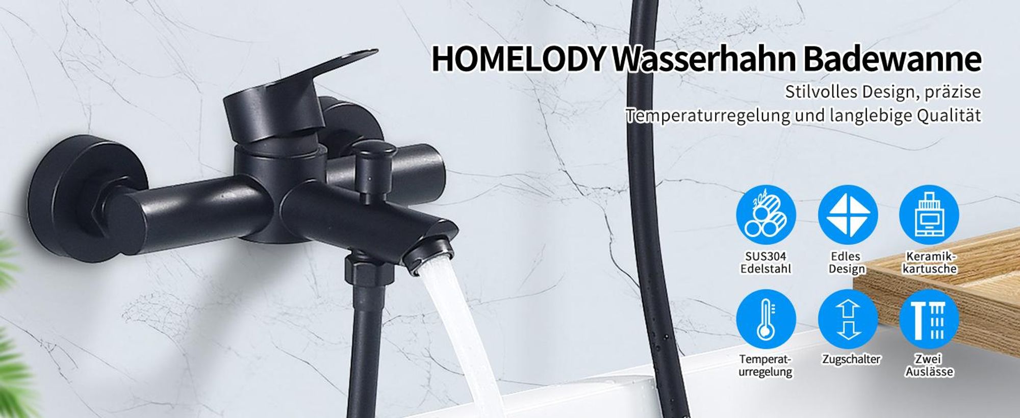 Homelody Badewannenarmatur Ohne Handbrause, Mischbatterie Badewanne Wandmontage, 2 Ausgänge Einhebelmischer Duscharmatur mit Wanneneinlauf, Schwarz