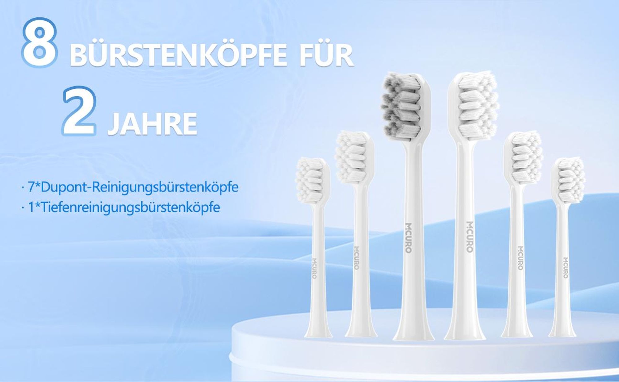 MCURO Elektrische Schallzahnbürste, wiederaufladbar, 10 Std. Ladezeit für bis zu 180 Tage Nutzung, 5 Putzmodi, Timer, 6 Bürstenköpfe, Weiß
