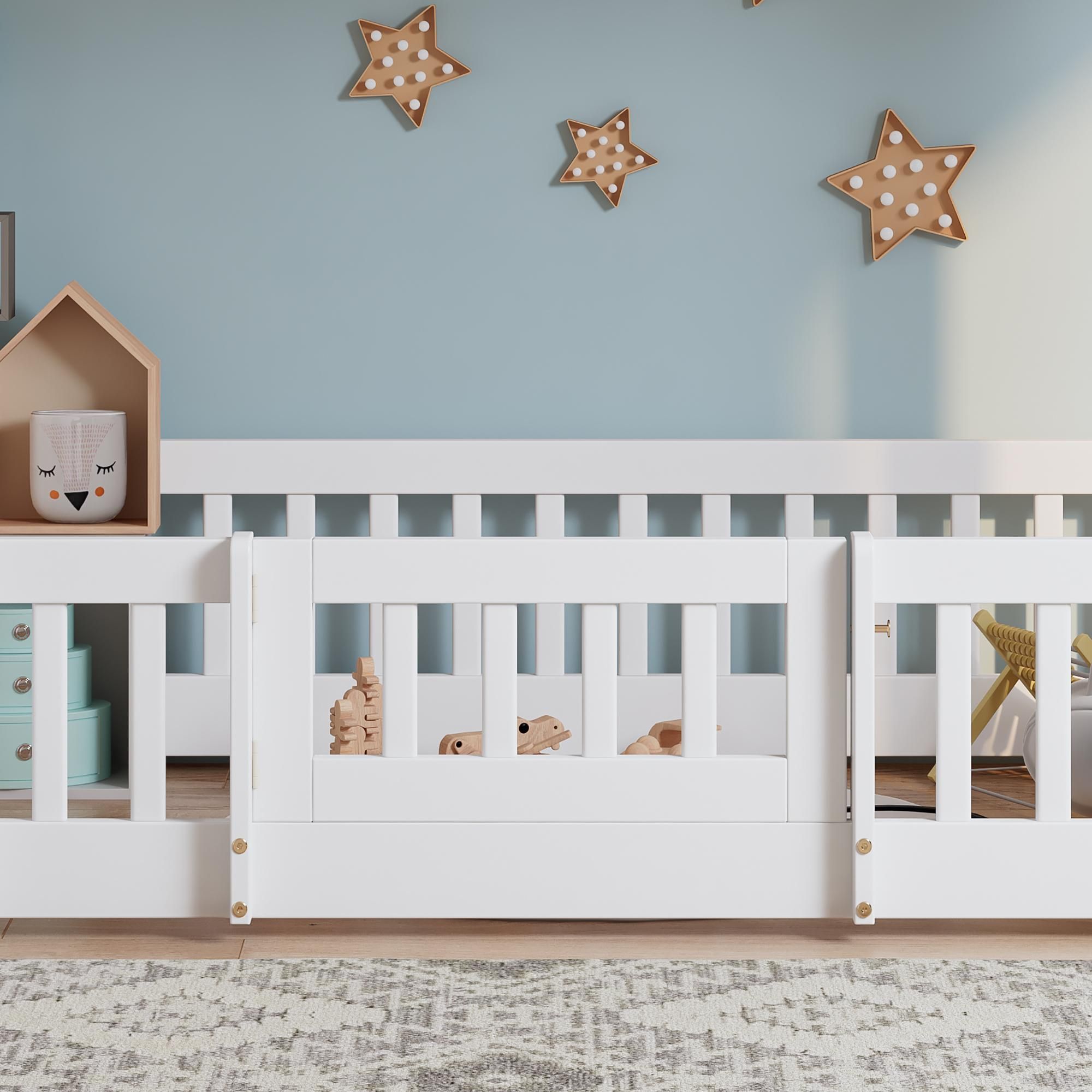 Flieks Etagenbett Kinderbett 90*200cm mit Rausfallschutz, Leiter und Tür, Spielbett Hochbett mit oberem Lattenrost für Kinder