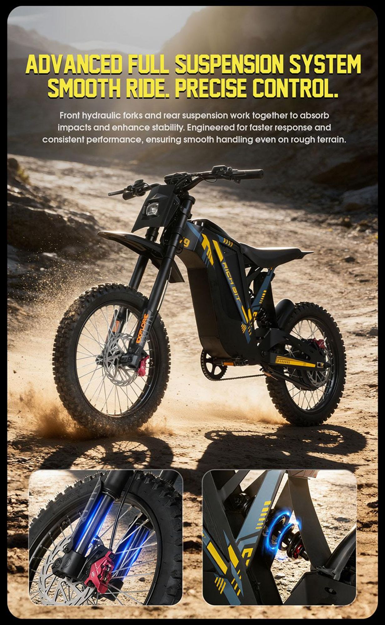 V9 Elektryczny motocykl enduro, 48V 20Ah, 17 cali, pełna amortyzacja, hydrauliczne hamulce tarczowe
