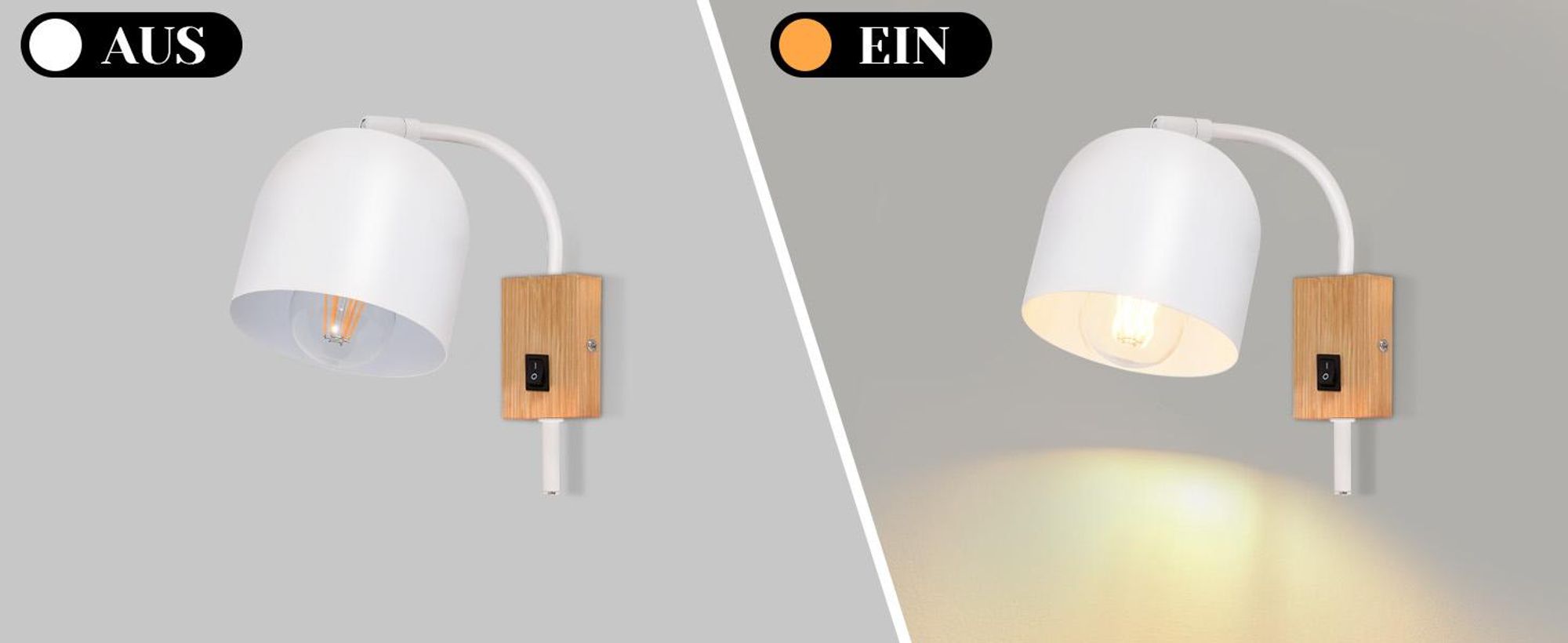 ZMH Wandleuchte Weiß Innen Holz mit Kippschalter Wandlampe Vintage E27 Metall Schwenkbar 330° Wandspots für Flur Kinderzimmer Wohnzimmer Schlafzimmer Treppe