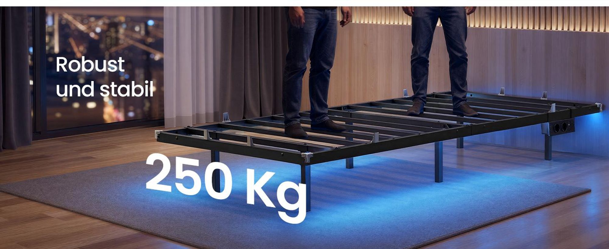 VASAGLE Bettgestell 90 x 200 cm mit LED-Beleuchtung, USB-C-Anschluss, Steckdosenleiste, Schlafzimmer, trägt bis 250 kg, schwarz