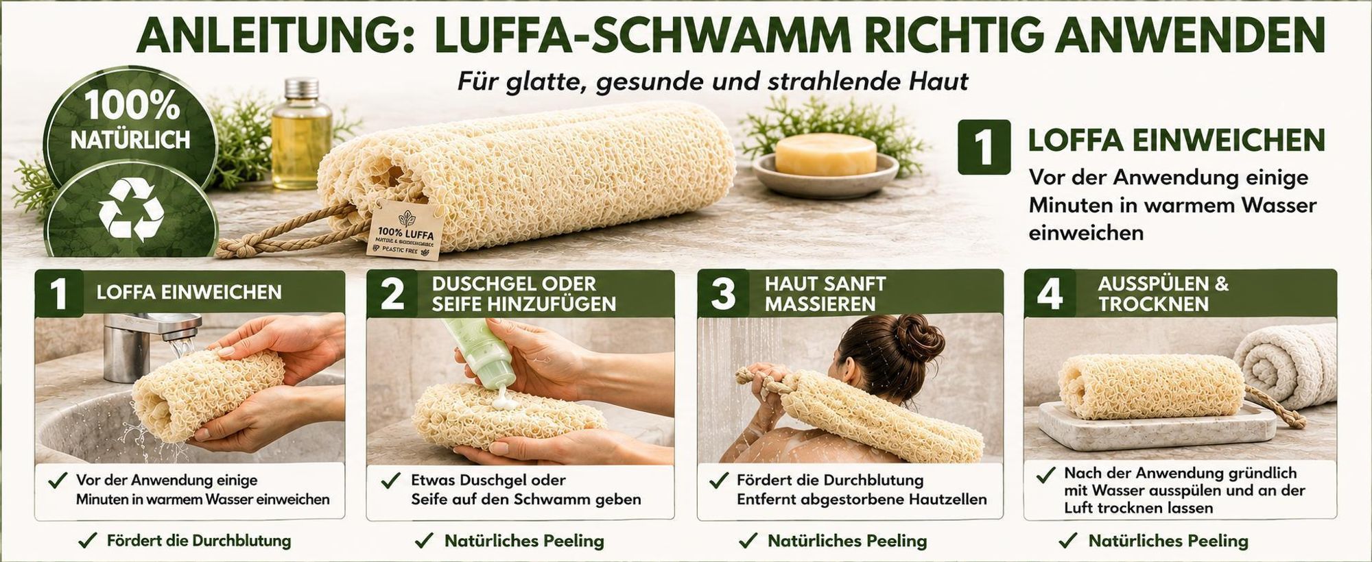 Natürlicher Luffa Waschschwamm – Luffa Badeschwamm aus 100% Natur – XL Peeling Schwamm für Körper & Dusche, 50-60 cm