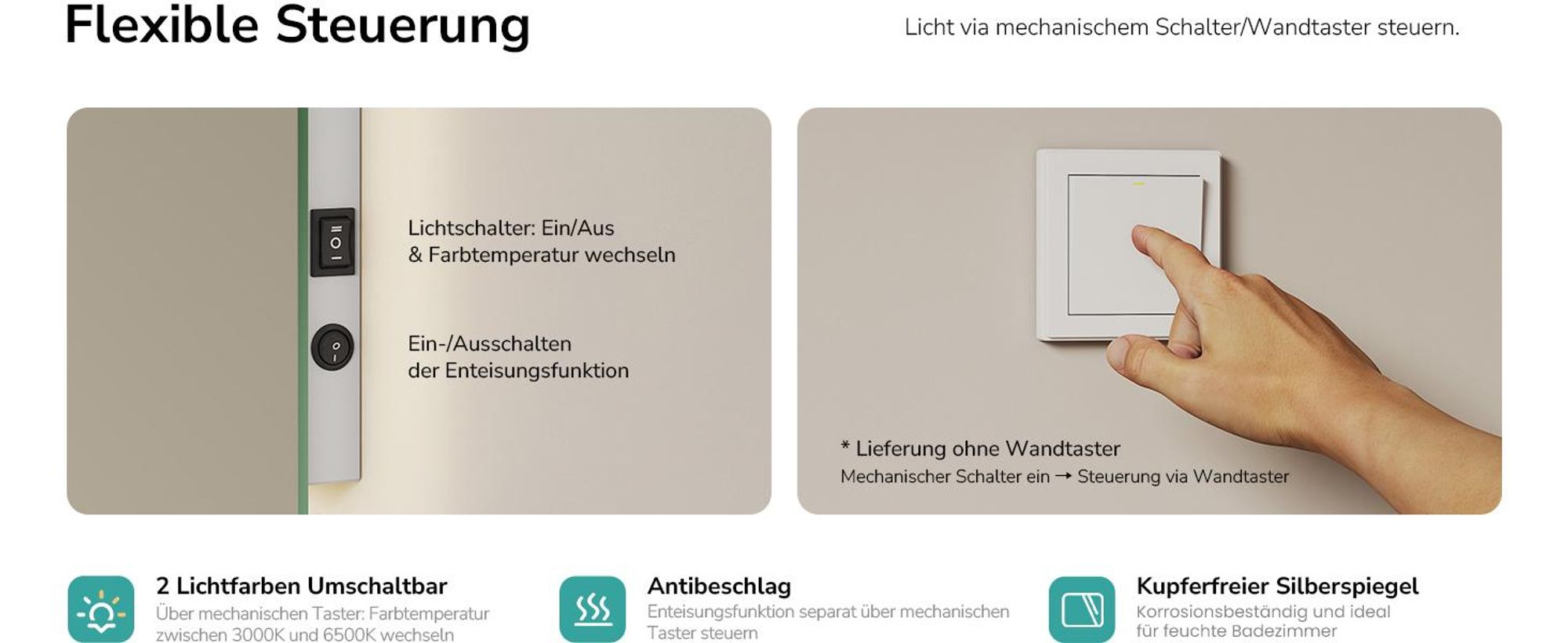 EMKE Badspiegel mit Beleuchtung LED Wandspiegel mit Beschlagfrei, 2 Farben des Lichts, Druckknopfschalter, 50x60cm