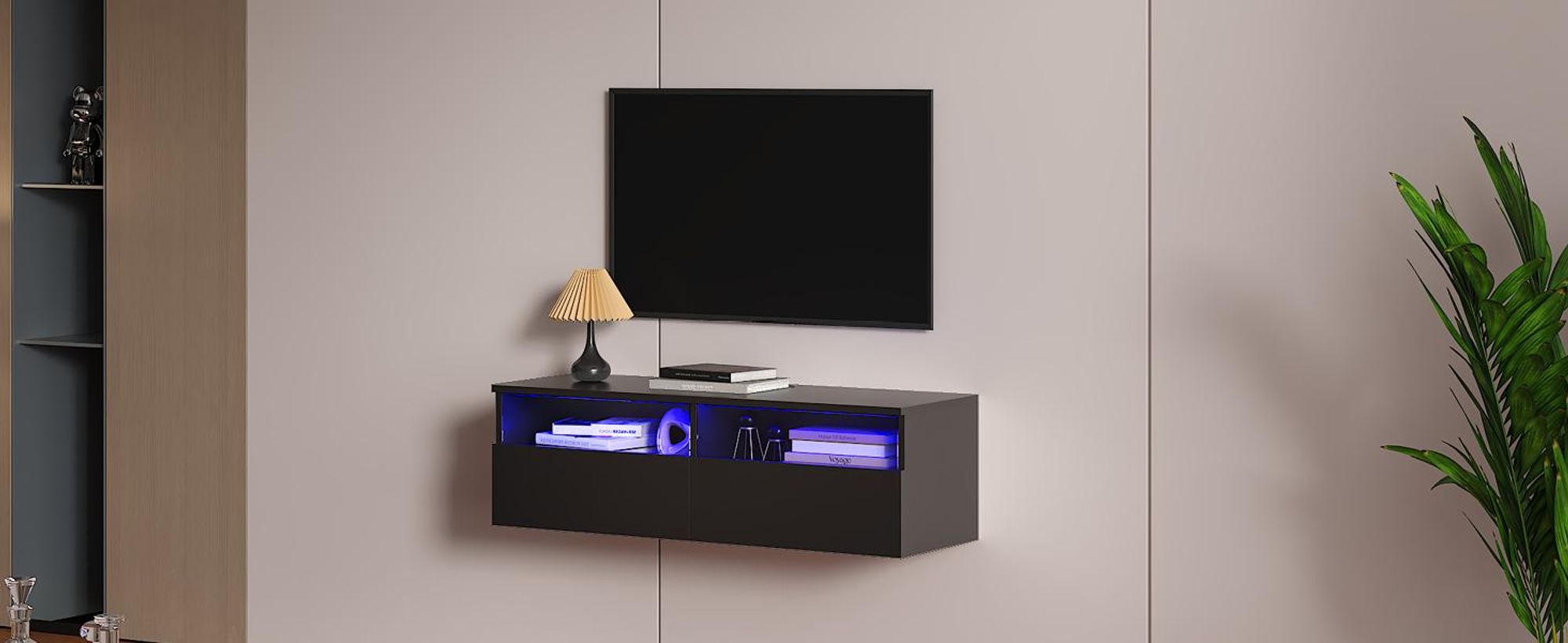 Radelldar Lowboard mit LED-Beleuchtung, TV-Schrank, hängend, grifflose TV-Board, 2 Schubladen mit Acryl, 100 cm, Schwarz