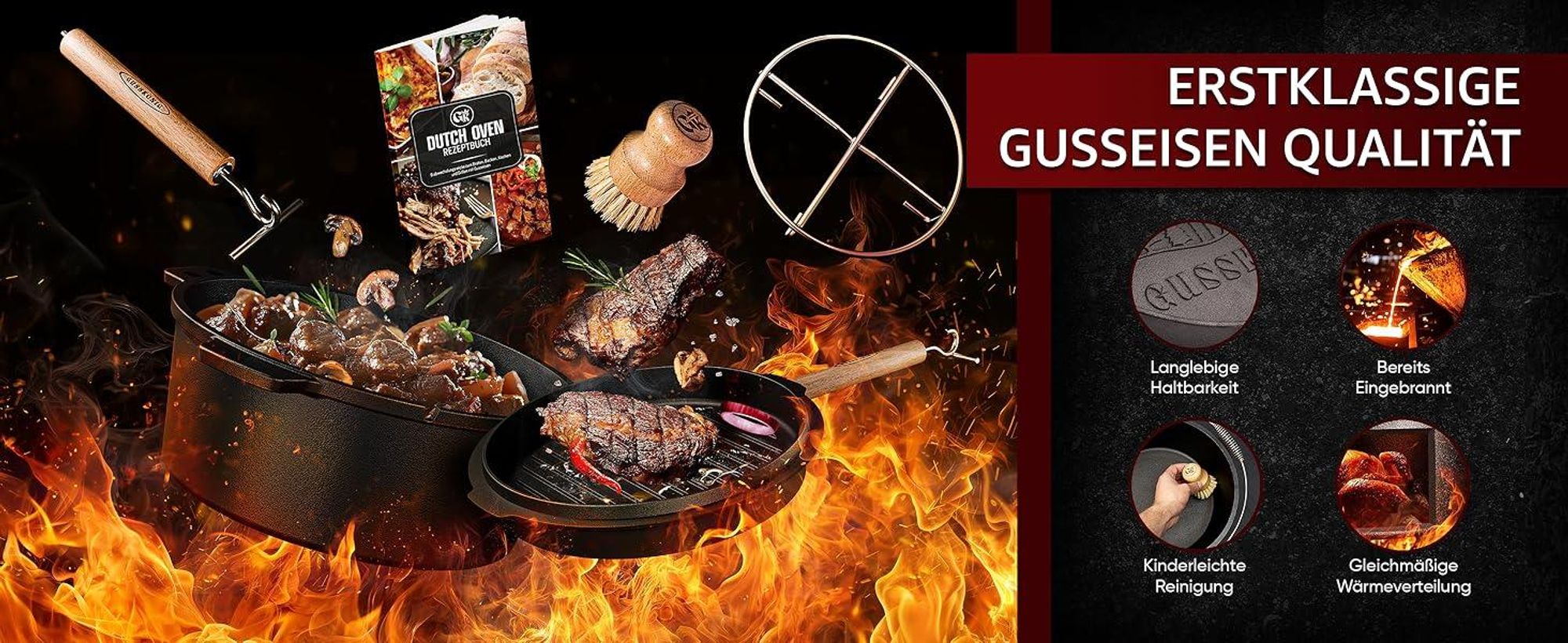 Dutch Oven Set mit Zubehör & Flammen – langlebig, eingebrannt & leicht zu reinigen.