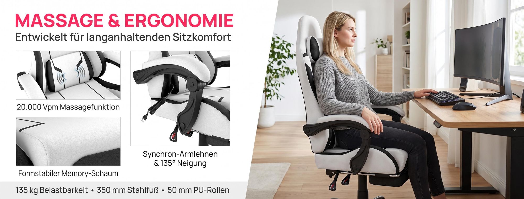 ROSEJANE Ergonomischer Gaming Stuhl mit Massagefunktion & Fußstütze, Verstellbare Rückenlehne 90°-135°, Gaming Sessel mit Kopf- und Lendenkissen, Schwarz Weiß