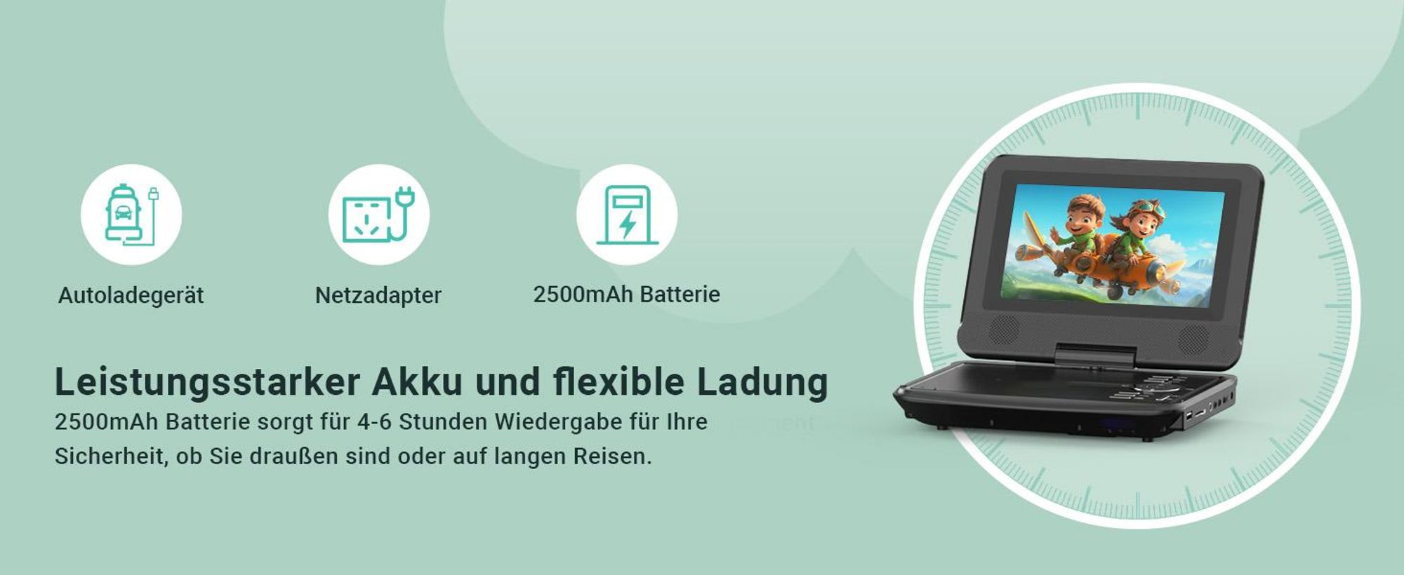 9.5" Tragbarer DVD-Player mit 7.5" HD Drehbildschirm für Auto und Kinder mit Autoladegerät und AC Adapter mit 32G TF Karte