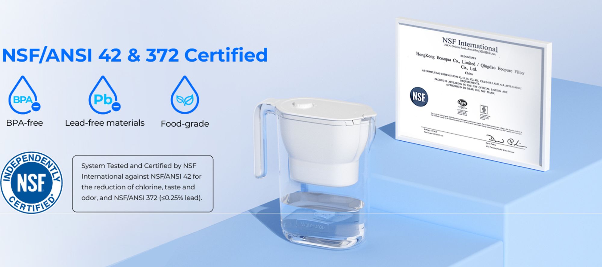 Waterdrop Filtrační Konvice na vodu, 2,5l Filtrační Konvice s Certifikátem NSF a 1× 90denním Filtrem, BPA, Bílá (Náhradní Filtr: WD-PF-01A Plus)