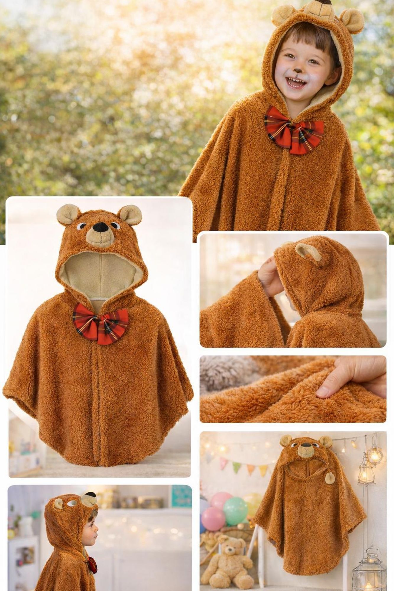 Kinder Bärenkostüm Poncho mit Kapuze – Tierkostüm für Fasching & Karneval – Größe 98 & 104/116