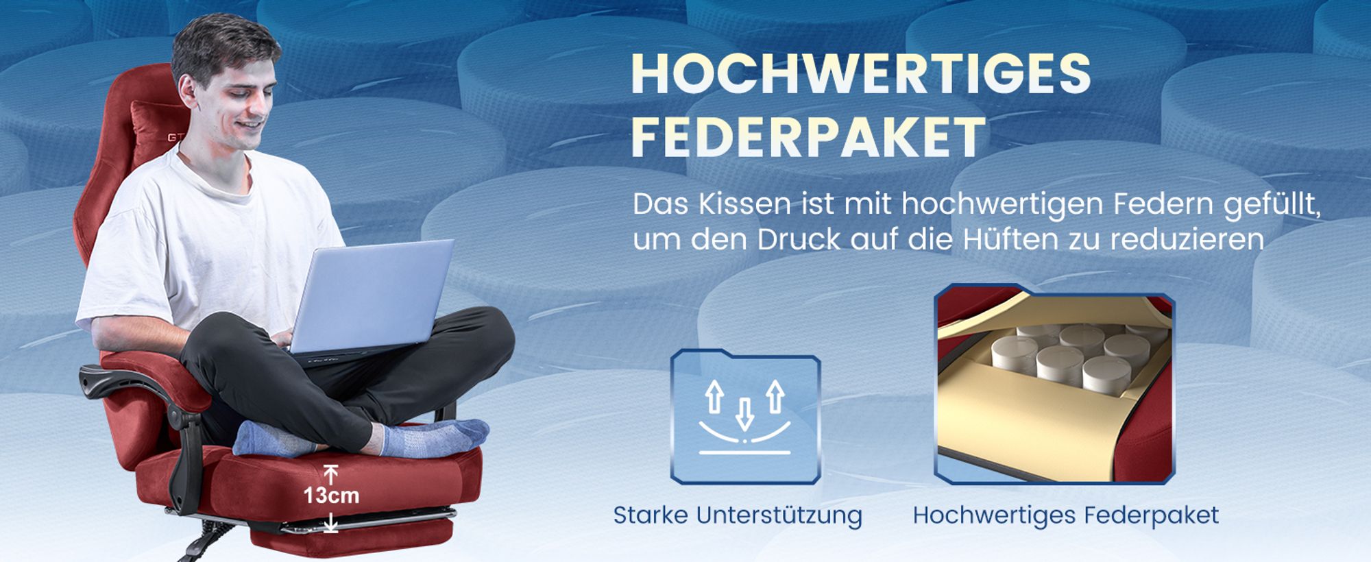 GTPLAYER Gaming Stuhl Ergonomischer Gaming Sessel Schreibtischstuhl Bürostuhl mit Stoffoberfläche Federsitzkissen, Verbindungsarmlehnen, mit Fußstütze