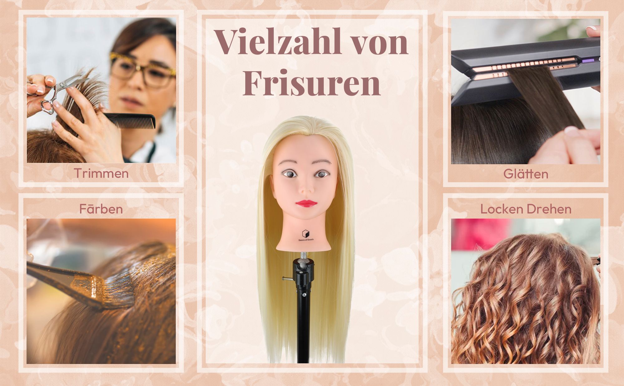 Desire of Goods Übungskopf Friseurkopf Weißblond – Tischklemme & Styling-Zubehör – Frisierkopf – Friseurskopf – 70 cm