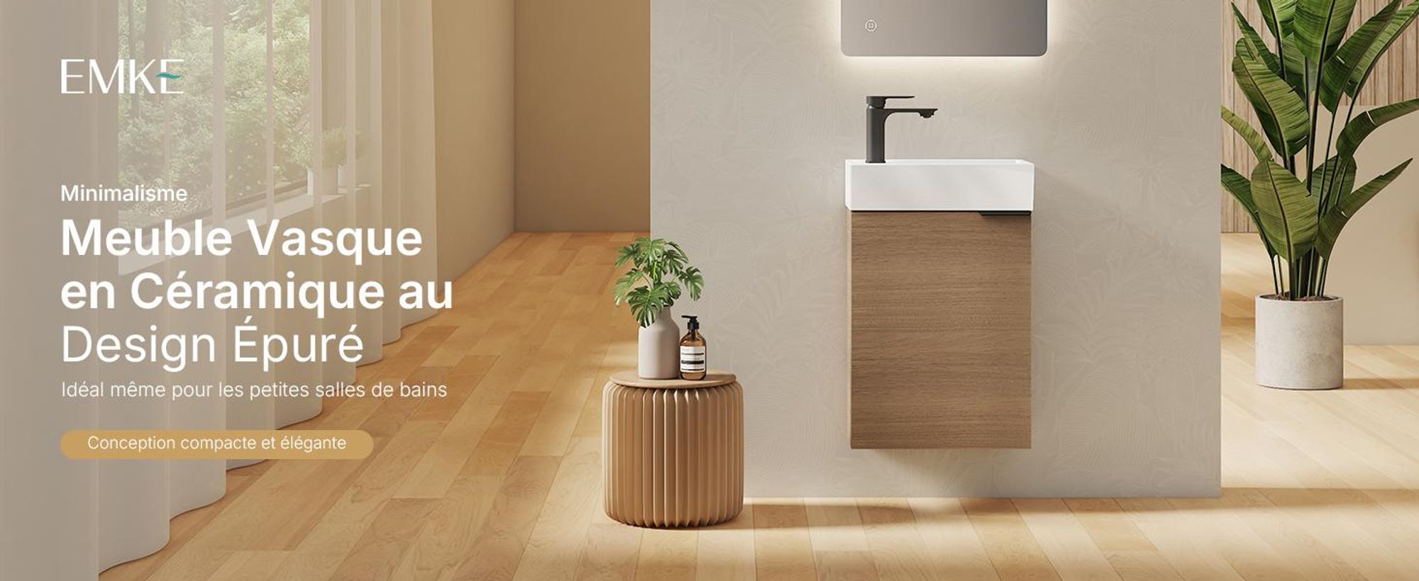 EMKE Ensemble de lavabos Meuble sous-lavabo avec vasque en céramique 417×240×646 mm suspendu, Soft-Close, chêne Sonoma