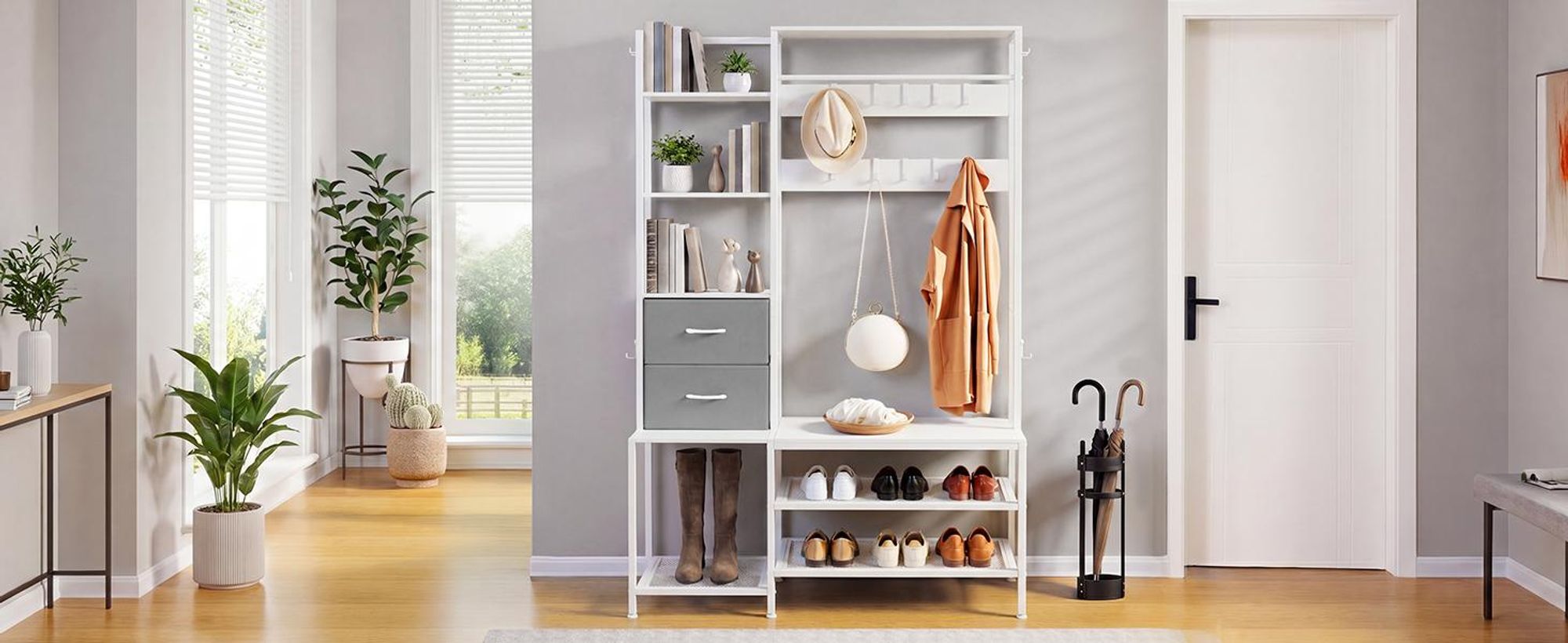Kleiderständer Garderobenständer Schuhregal mit 9 Haken 2 Schubladen, Flurgarderobe, Sitzbank, 120x40x180 cm, Weiß