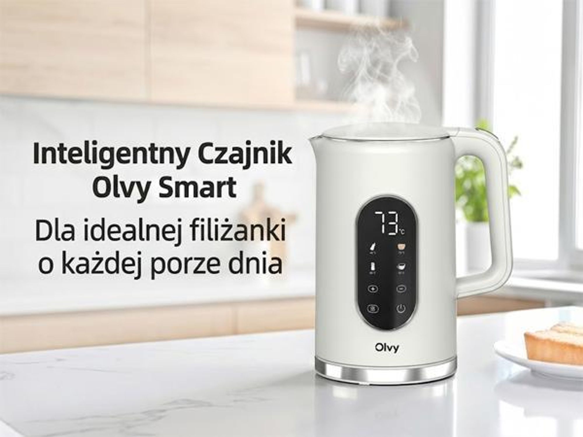 Czajnik elektryczny Olvy w kolorze kremowym, pojemność 1,7 l – wyświetlacz LCD, moc 2200 W, bez BPA, funkcja utrzymywania ciepła, filtr przeciwkamienny, regulacja temperatury w zakresie 40–100°C, stal nierdzewna
