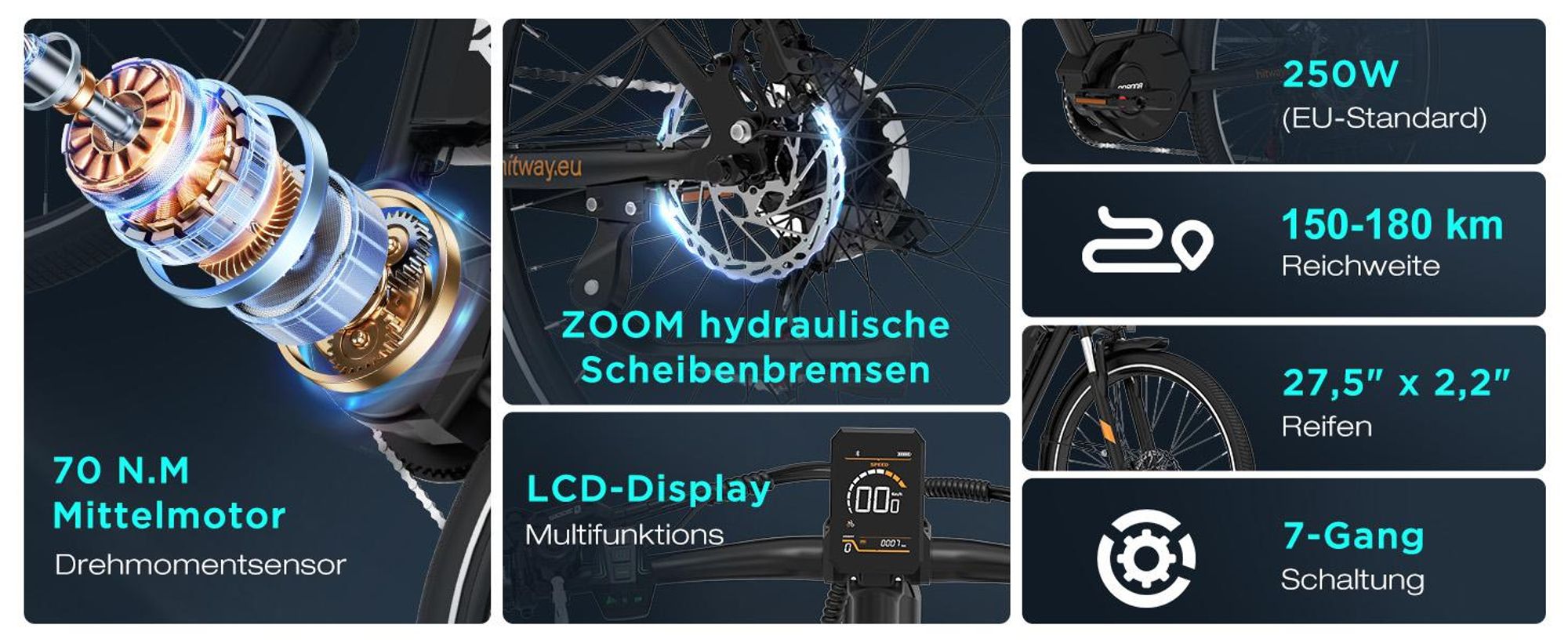 HITWAY BK-U1 E-Bike mit Mittelmotor, bis zu 180 km Reichweite, 36V 13Ah Akku, 27,5" × 2,2" Reifen, 7-Gang, 25 km/h, Federgabel, Scheibenbremsen