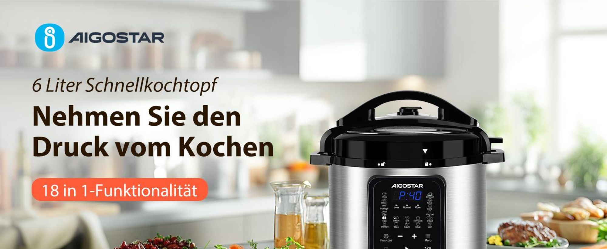 Aigostar - Reiskocher 6L Schnellkochtopf , 1000W Pressure Cooker, 18-in-1 Multikoche, 24h Timer & Warmhalte, Antihaftbeschichtung