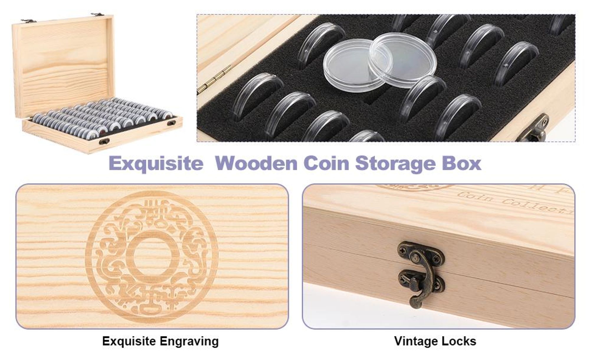Münzsammelbox, Münzhalter, Münzbox aus Holz, 100 Stück Münzen Sammelbox, Münzsammlung, mit Runden Münzkapseln, für Münzen 18mm bis 30mm