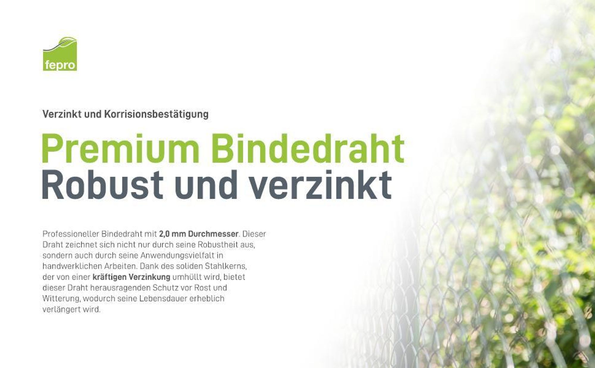 Fepro® Bindedraht 2,0 mm x 25 m, dick verzinkt - witterungsbeständig, ideal für Forst, Wildzaun, Garten oder basteln