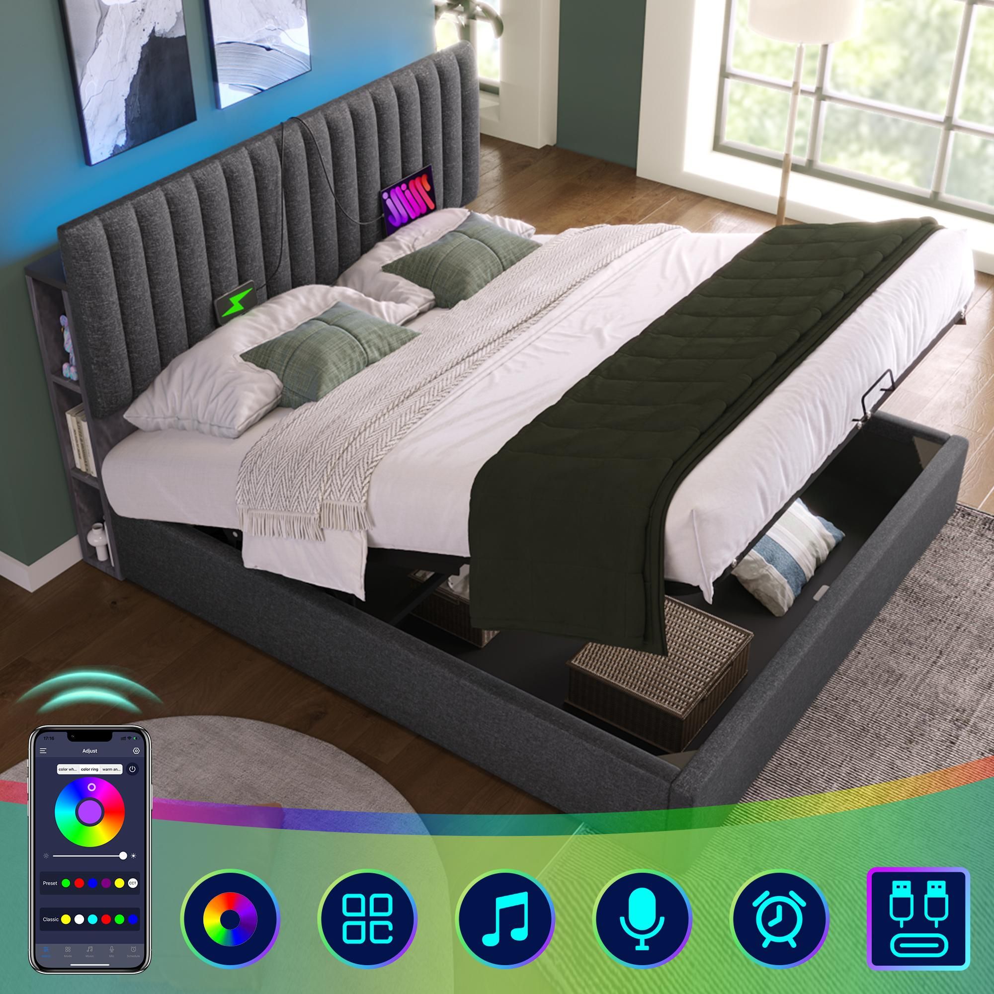 Flieks Polsterbett 140x200cm mit USB und Typ C, Stauraumbett Boxspringbett mit LED, Jugendbett Doppelbett mit Lattenrost, Funktionsbett, Leinen, Grau