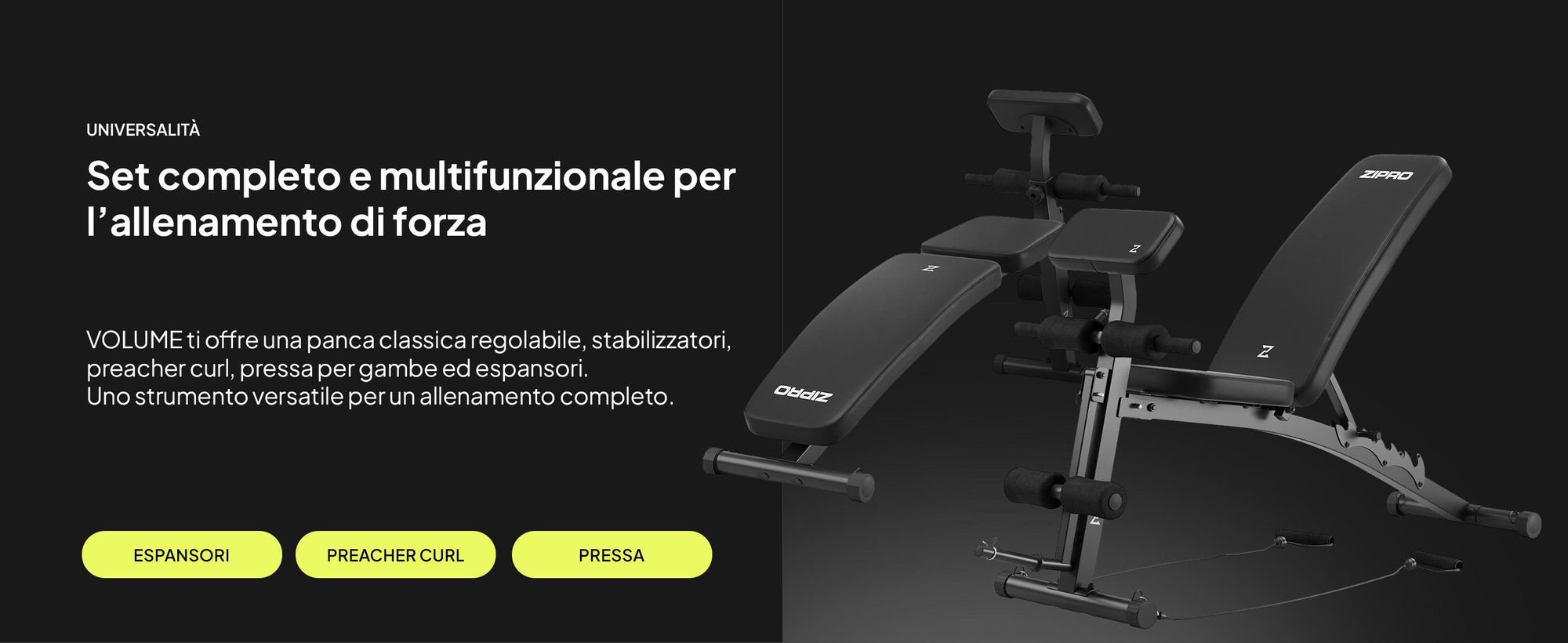 Panca multifunzione Zipro Volume con panca leg press e bicep curl per l'allenamento di tutto il corpo, panca regolabile, nera, portata 230 kg