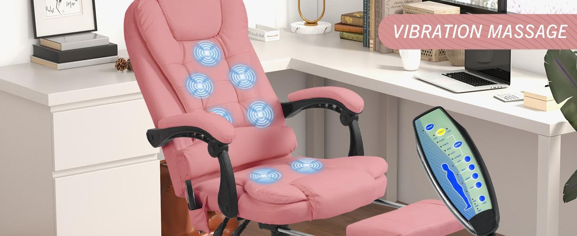 Fotel biurowy Vinsetto z funkcją masażu, ergonomiczny fotel biurowy z funkcją odchylania, obrotowy fotel biurowy z regulacją wysokości i pilotem, kieszeń boczna, sztuczna skóra, różowy