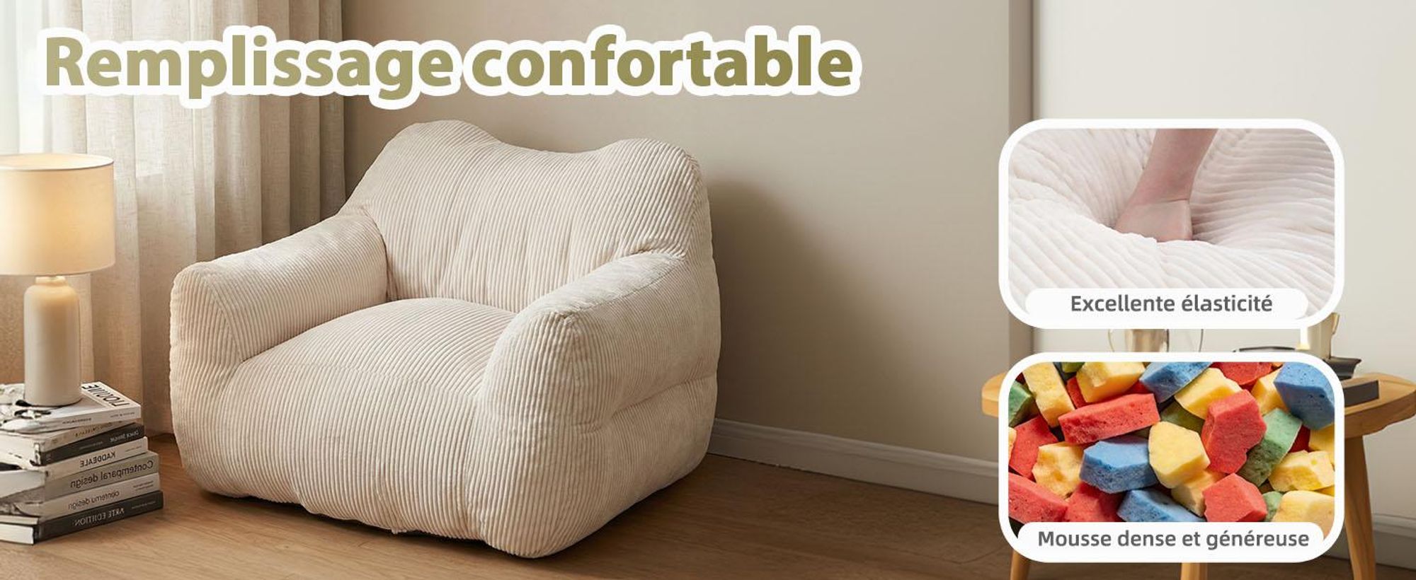 Pouf géant pour adulte, rembourrage en mousse déchiquetée, canapé de sol moelleux, forme carrée, beige