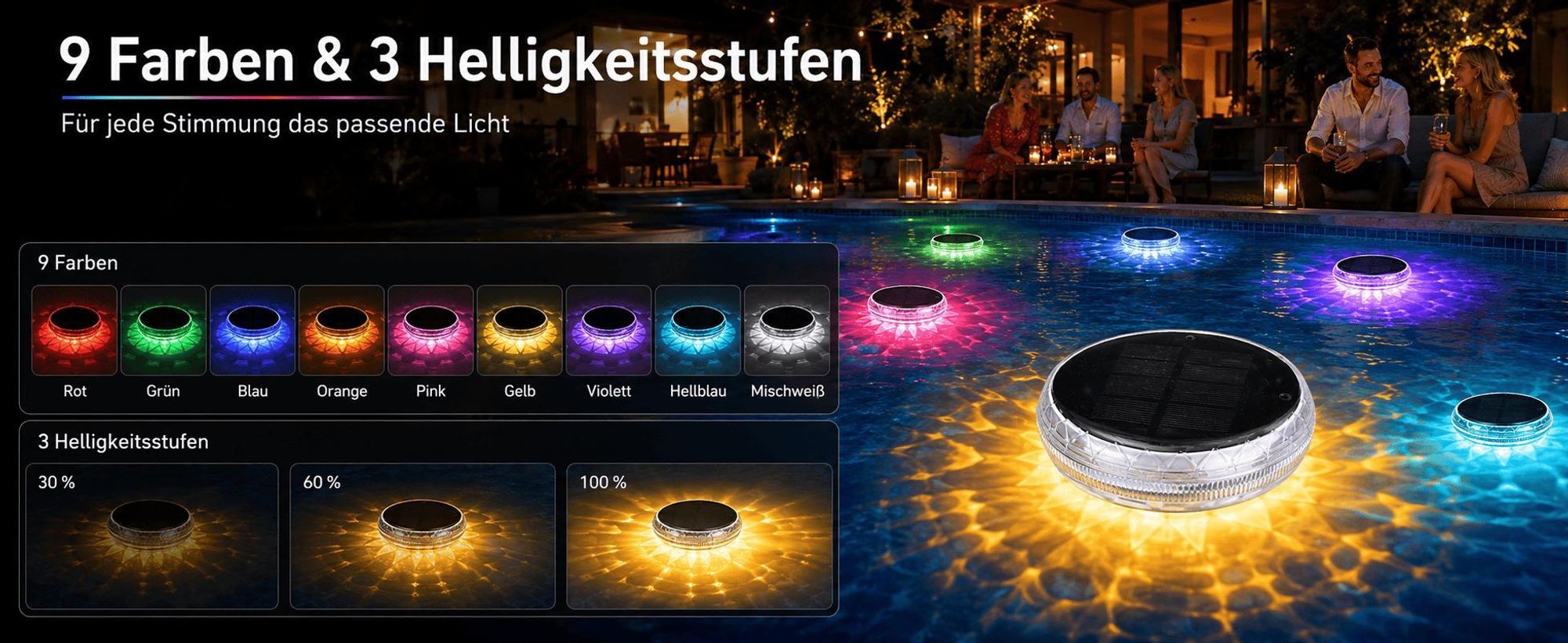 Poolleuchte Solar Schwimmende, wasserdicht IP67, 9 Farben RGB, 3 Helligkeitsstufen, 10H Laufzeit, Fernbedienung, Timer, Solar LED Pool Licht