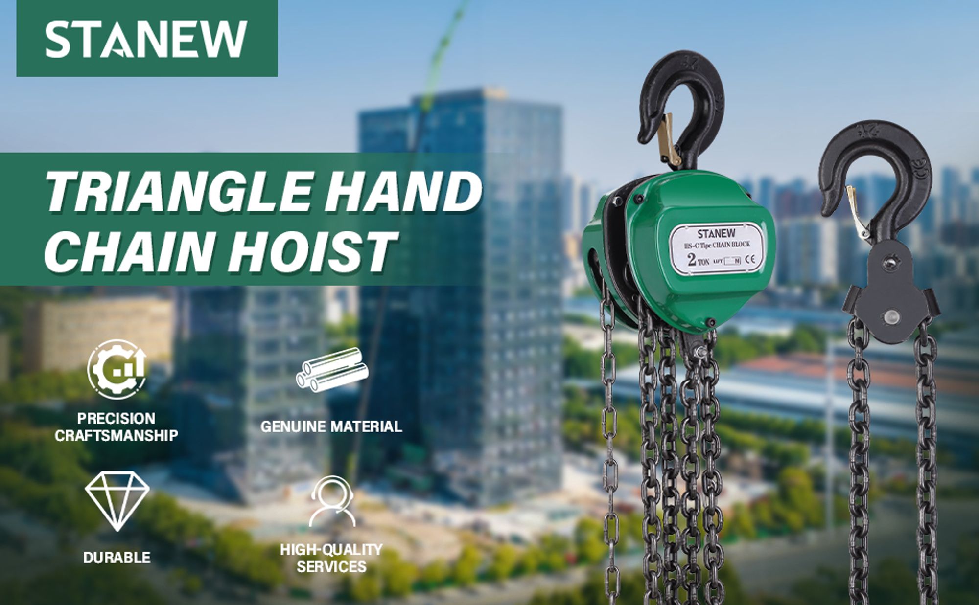 STANEW Kettenzug mit 2000 kg Tragfähigkeit, Handkettenzug mit stabilem Haken, 3M Hubhöhe, Robuste G80-Stahlkette für leichtes Heben, Flaschenzug, Grün