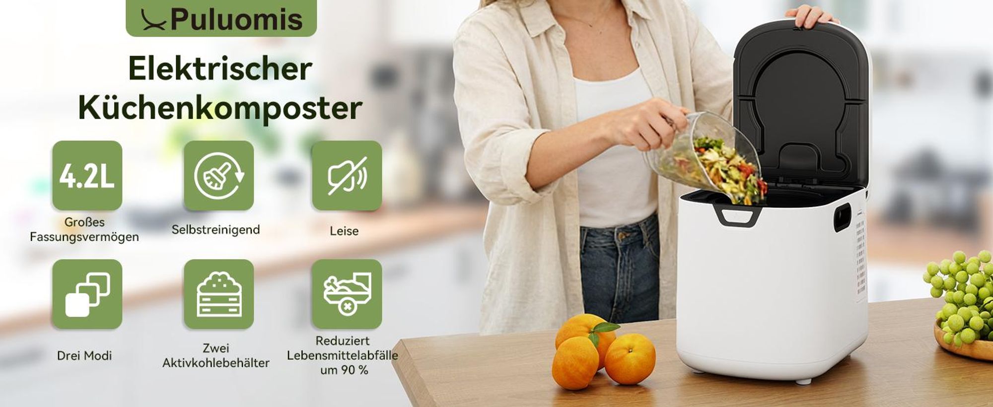 Puluomis Intelligenter Elektrischer Komposter 4.2L, 3-in-1 selbstreinigend, geruchsfrei und leiser Küchenkomposter, für Obst-/Gemüseabfälle Küche