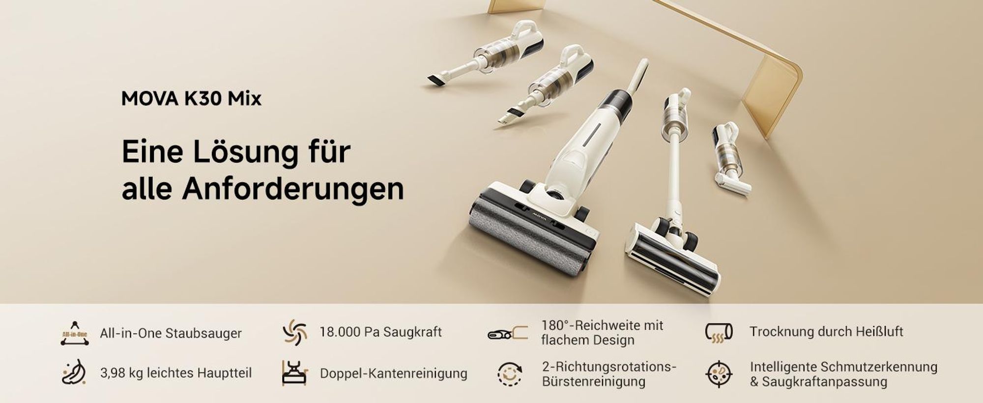 MOVA K30 Mix Nass- & Trockensauger, kabelloser All-in-One Bodenreiniger, 18.000 Pa, 180° Reichweite, flaches Design, Doppel-Kantenreinigung