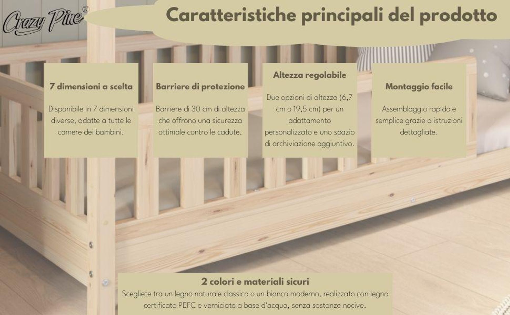 Crazy Pine Letto a Casetta 80x160 cm – Letto da Pavimento in Legno Naturale per Bambini – Gambe Regolabili e Barriera Rimovibile – Crazy House
