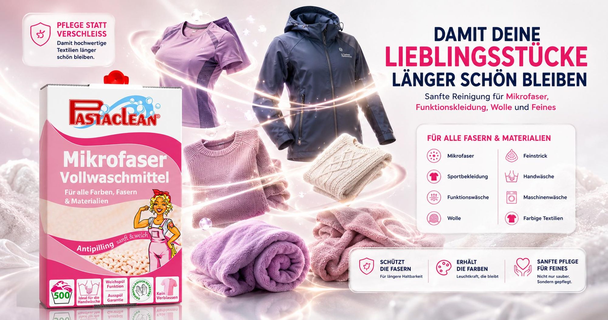 Pastaclean Flüssigwaschmittel Konzentrat 5 L (500WL) Vollwaschmittel für Mikrofaser, Wolle, Seide & Funktionskleidung – kaltaktiv ab 15 °C
