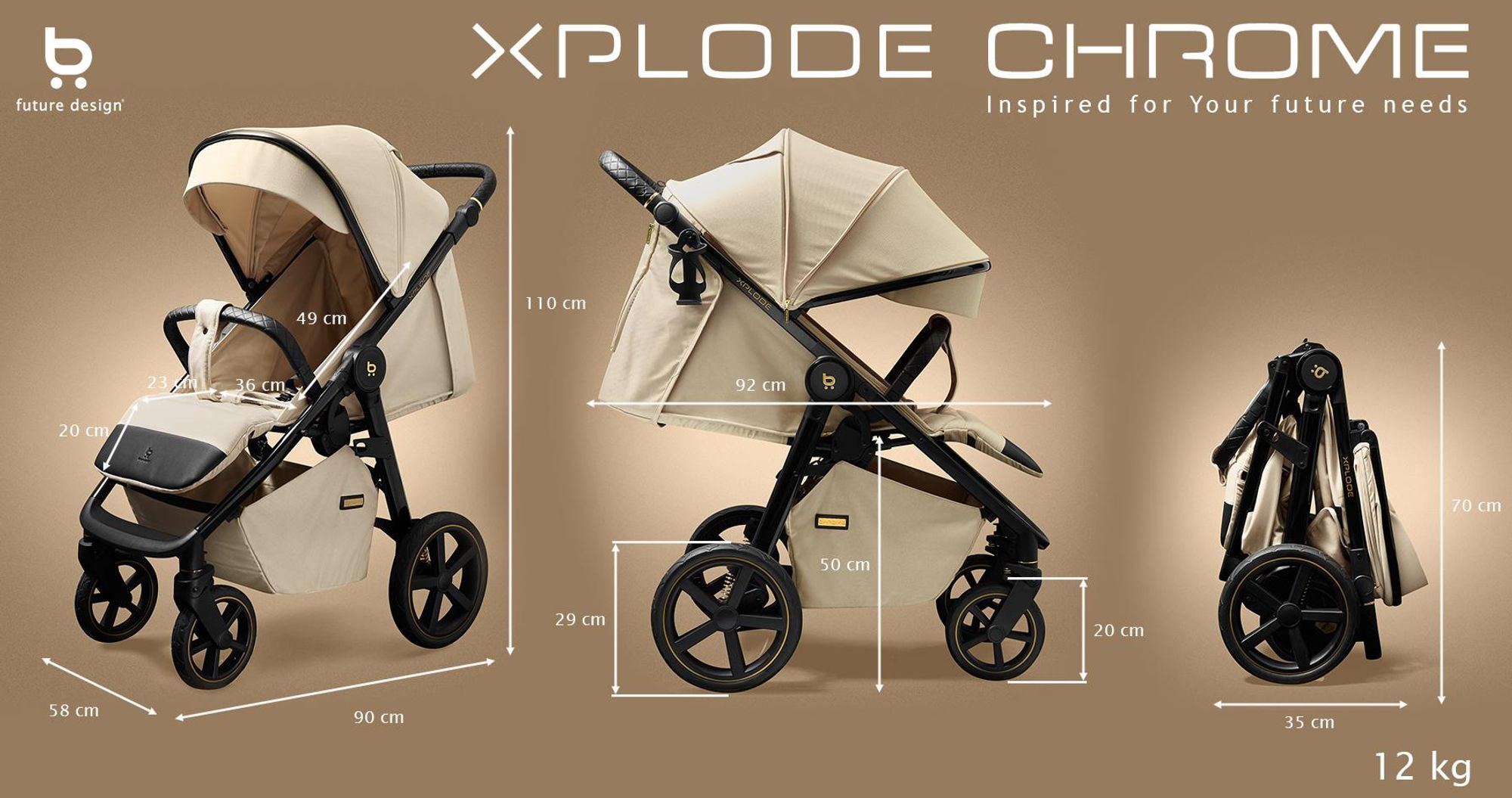 4Baby | Kočík - Kočík Buggy - Pieskovo béžová - UV50 ochrana - Nafukovacie pneumatiky a odpruženie - Skladanie jednou rukou - Do 22 kg - Xplode Chrome