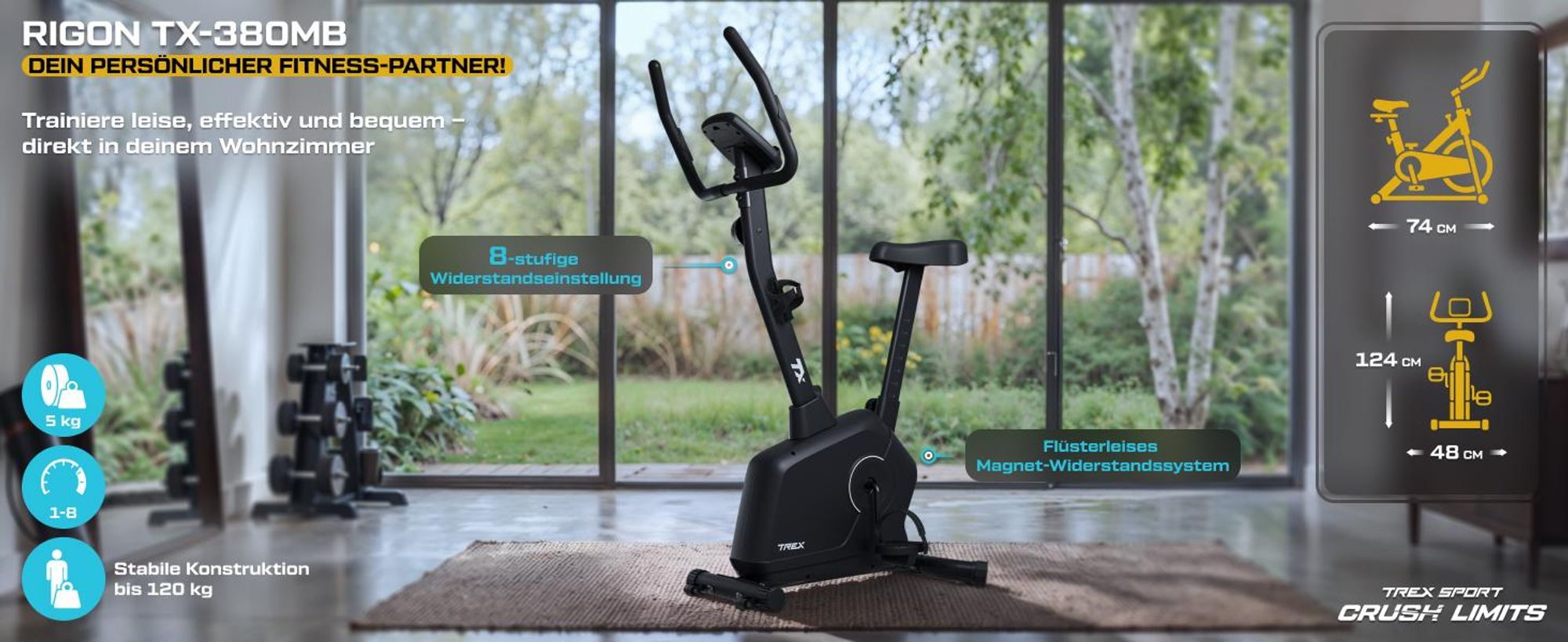 TREX SPORT Heimtrainer Fahrrad für Zuhause TX-380MB RIGON | Magnetisches Fitnessbike, leise | LCD Display, Pulsmesser, 8 Stufen, bis 120kg | Schwarz