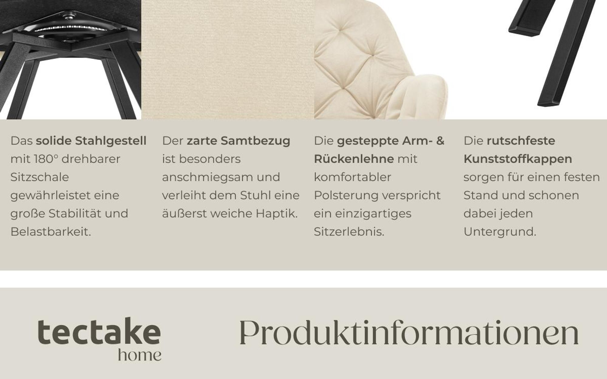 tectake® Drehbarer Samt-Armlehnstuhl Lucia gepolstert, mit Steppmuster 58 x 58 x 87 cm
