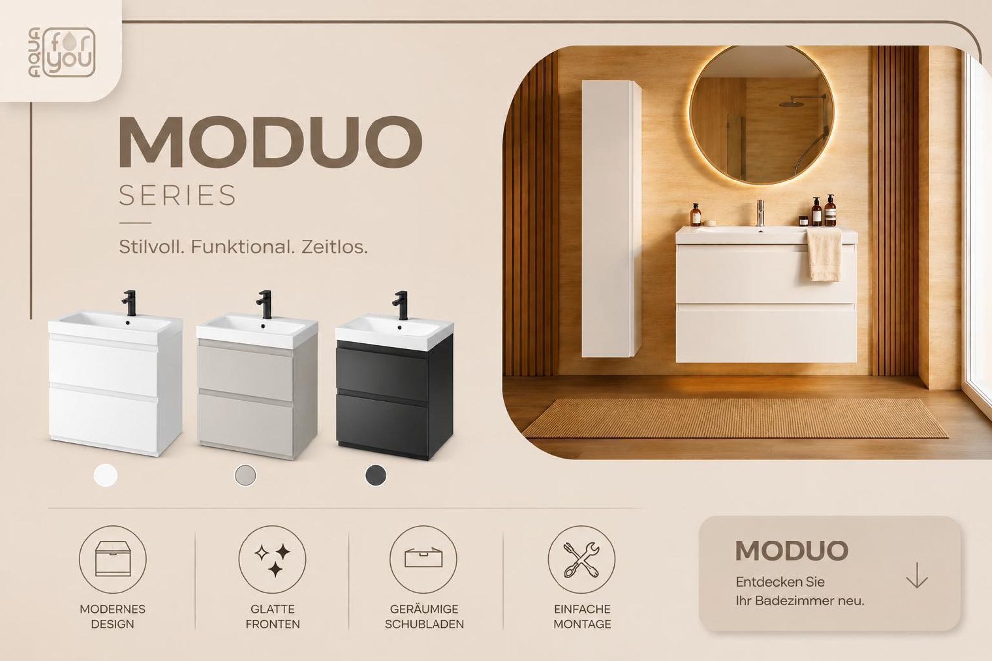 AQUA for you | Badezimmerschrank - CERSANIT MODUO - Waschtisch Set 50 cm – Kaschmir - mit Waschbecken, Unterschrank, Badmöbel Set, Badezimmerschränke