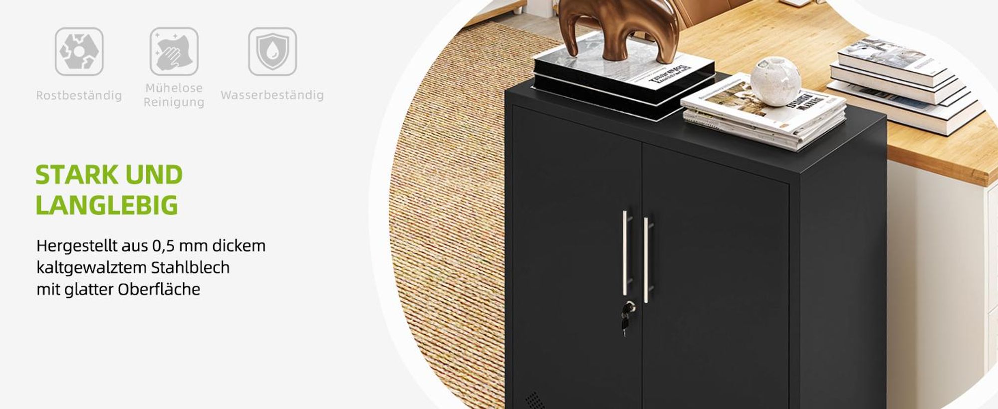 Büroschrank mit 2 Fächern, Aktenschrank Abschließbar mit Schlüssel, Metallschrank, 80 x 40 x 90cm, Schwarz