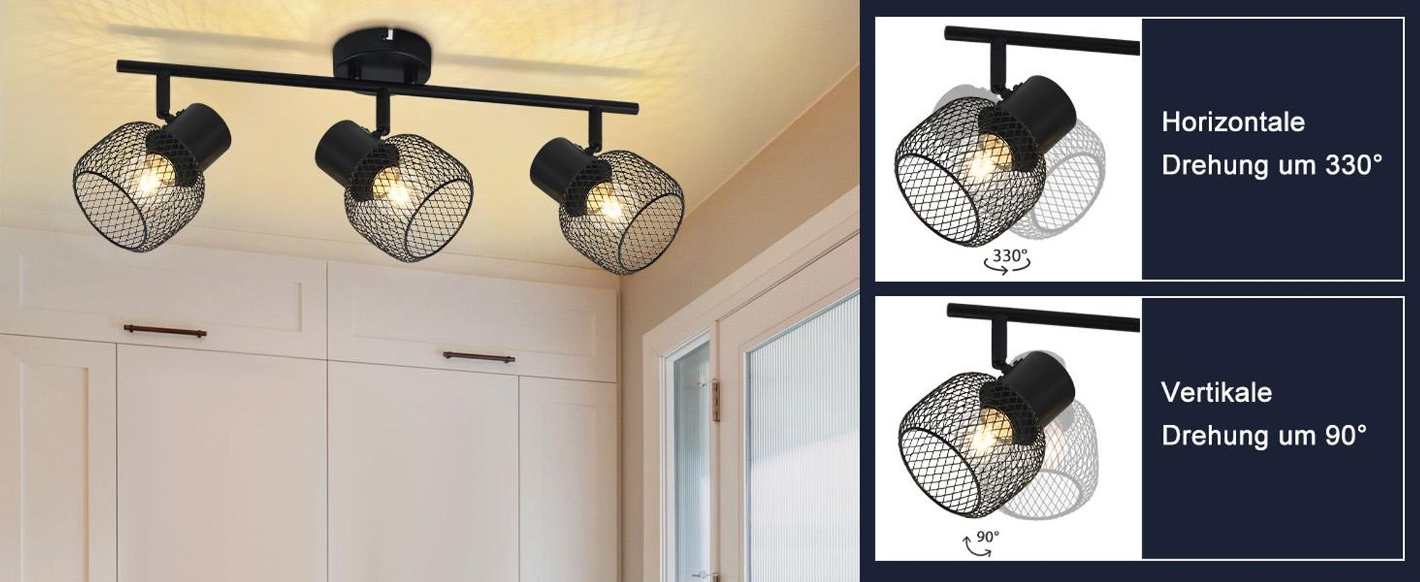 ZMH Deckenleuchte Schwarz Metall 3 Flammig Vintage E27 Deckenstrahler  Deckenlampe  Drehbar 330° Strahler Innen für Flur Wohnzimmer Schlafzimmer Küche