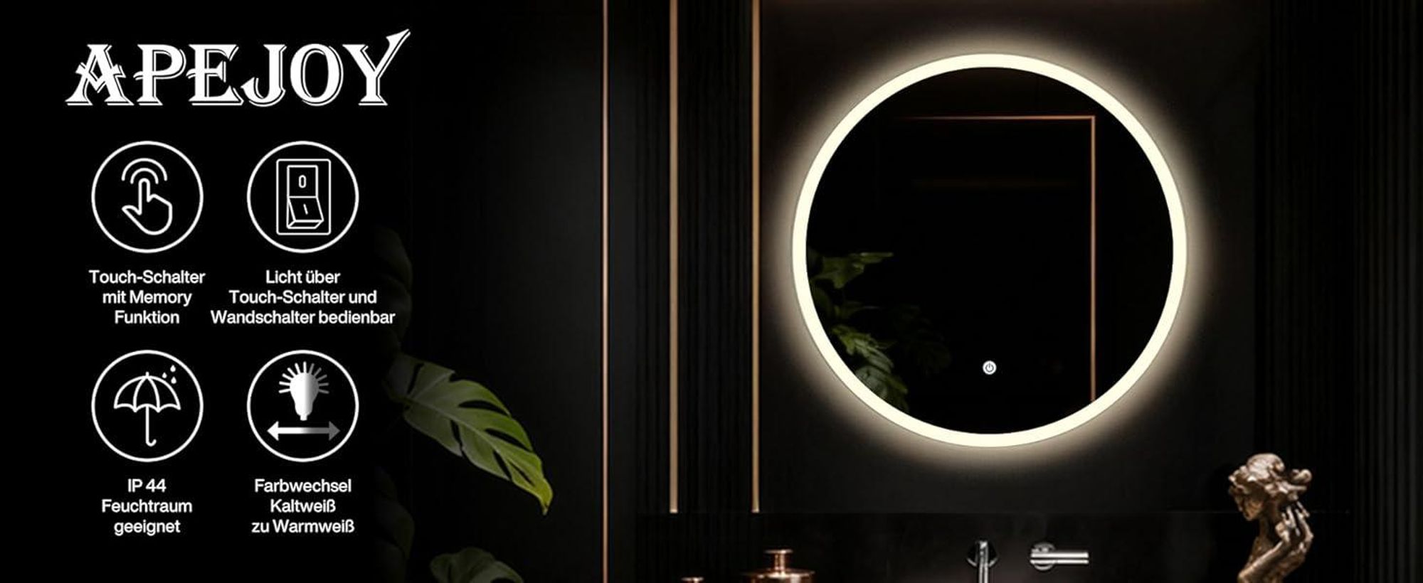 ApeJoy runder LED Badspiegel 60cm mit Beleuchtung und Antibeschlag, Badezimmerspiegel, LED Wandspiegel mit Touch-Schalter Memory Warmweiß/Kaltweiß