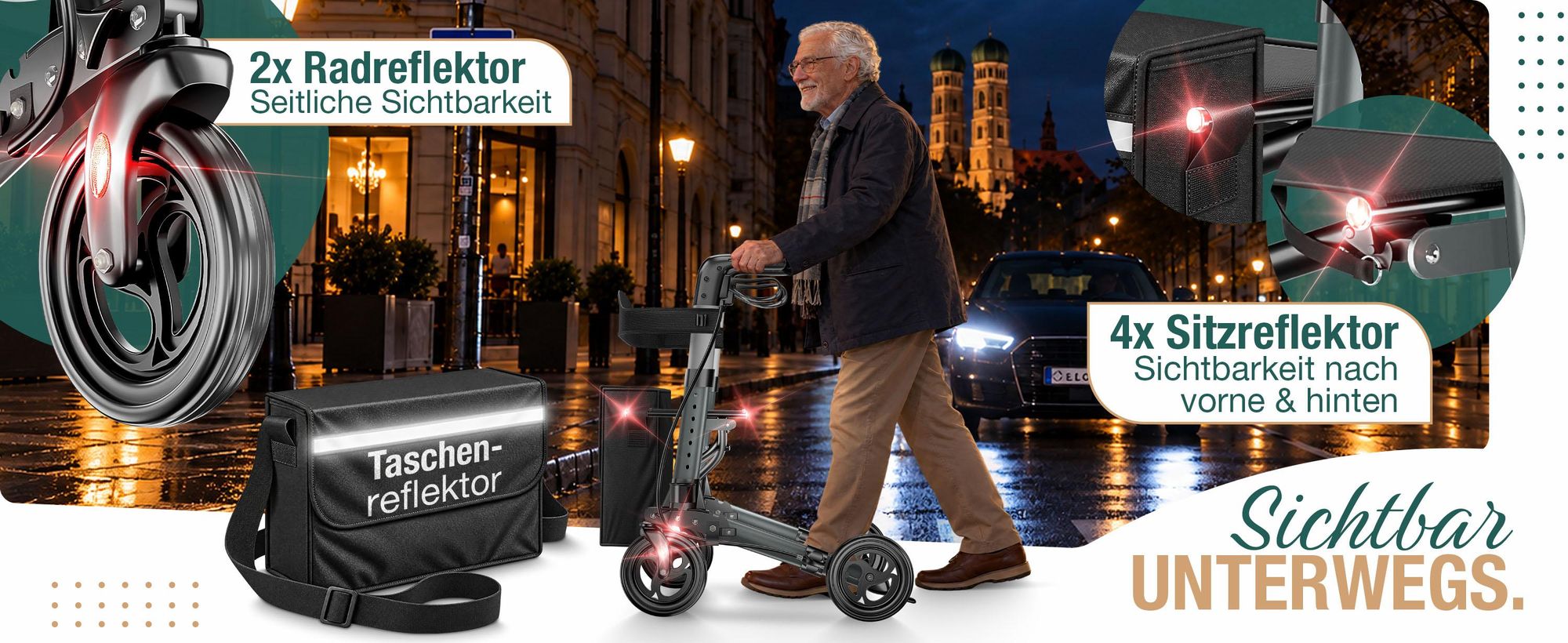 ELONEO Rollator faltbar und leicht mit Sitz, Leichtgewicht-Reiserollator aus Aluminium, Gehhilfe 8-fach höhenverstellbar, Laufhilfe 3-fach faltbar